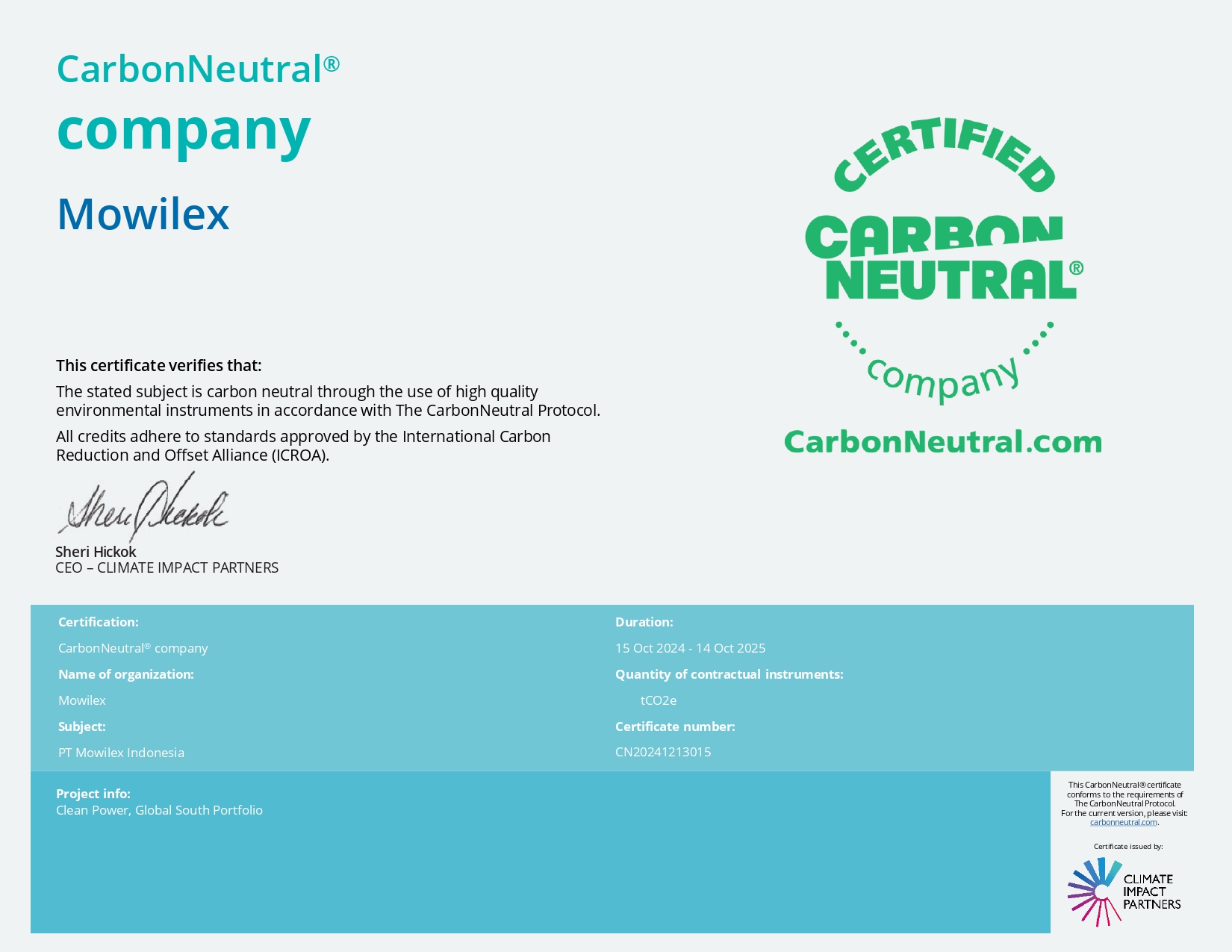 Mowilex 6th CarbonNeutral Certificate